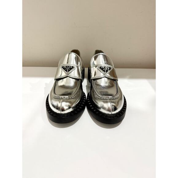 NWOT Prada Metallic Leather 50mm Block Heel Loafers Shoes Silver Women's EU 40 - Picture 6 of 9